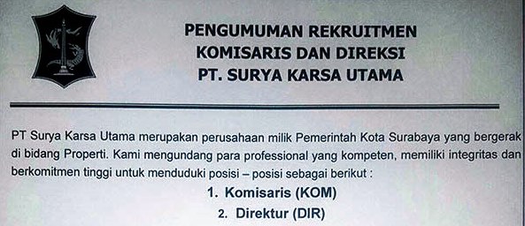Pemkot Surabaya Buka Lowongan Komisaris dan Direktur PT. Surya Karsa Utama