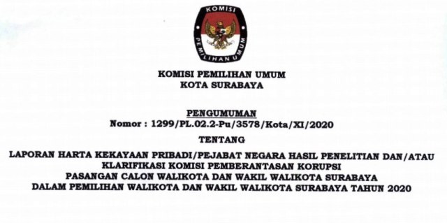 KPU Surabaya Umumkan LKHPN Paslon, Kekayaan Machfud Arifin Tertinggi