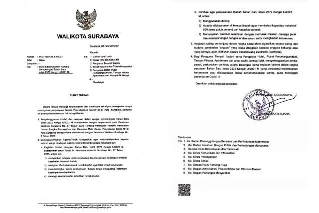 Lindungi Warganya dari Pandemi di Tahun Baru Imlek 2572, Pemkot Surabaya Terbitkan Surat Edaran