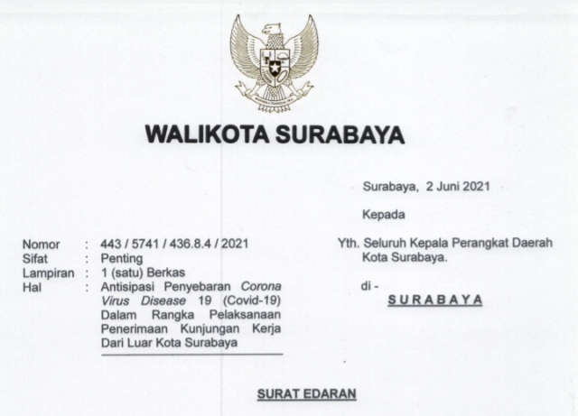Wali Kota Eri Keluarkan SE soal Penerimaan Kunjungan Kerja dari Luar Surabaya Wajib Tunjukkan Hasil Tes Swab PCR