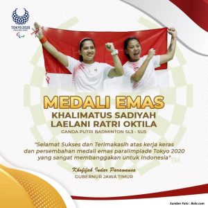 Gubernur Khofifah Apresiasi Atlet Bulutangkis Asal Jatim Peraih Emas Paralimpiade Tokyo 2020
