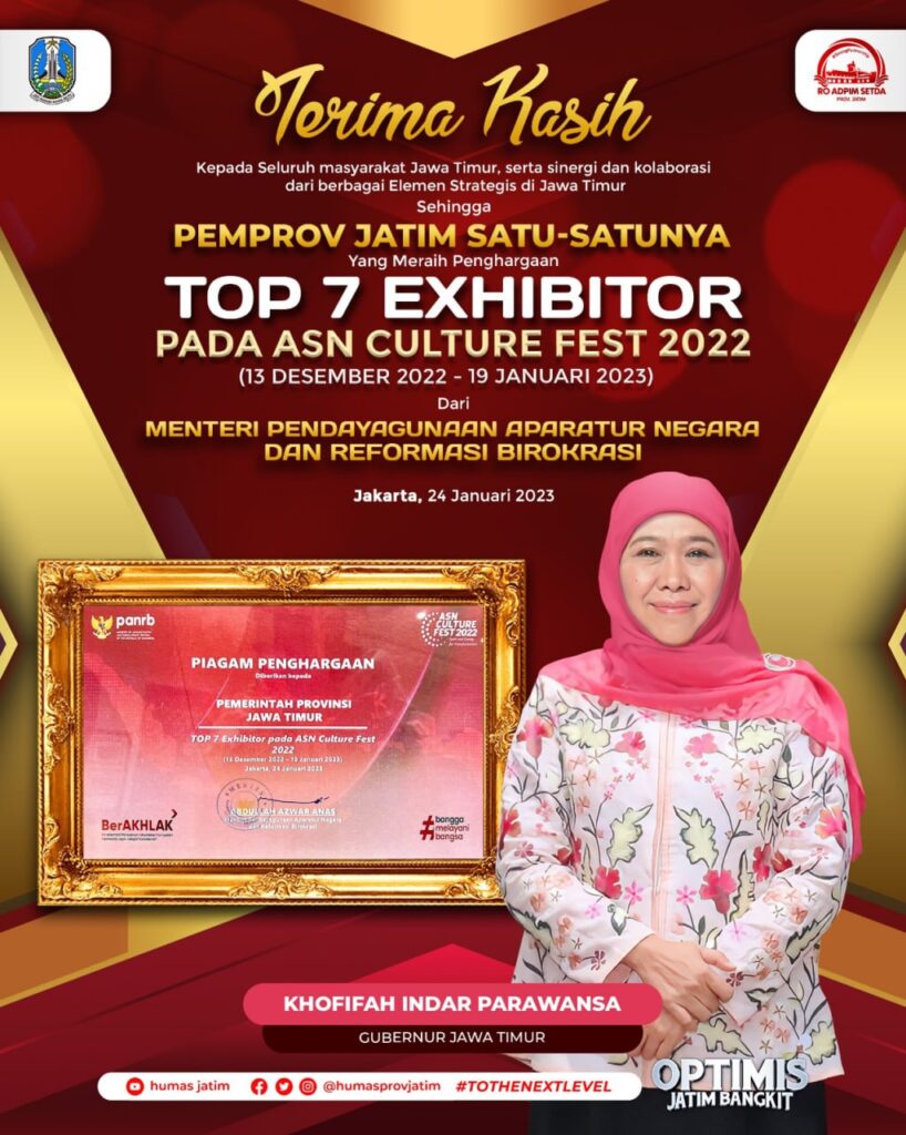 Jatim Satu-Satunya Provinsi Peraih Penghargaan Top 7 Exhibitors Culture Fest 2022 Kemenpan-RB
