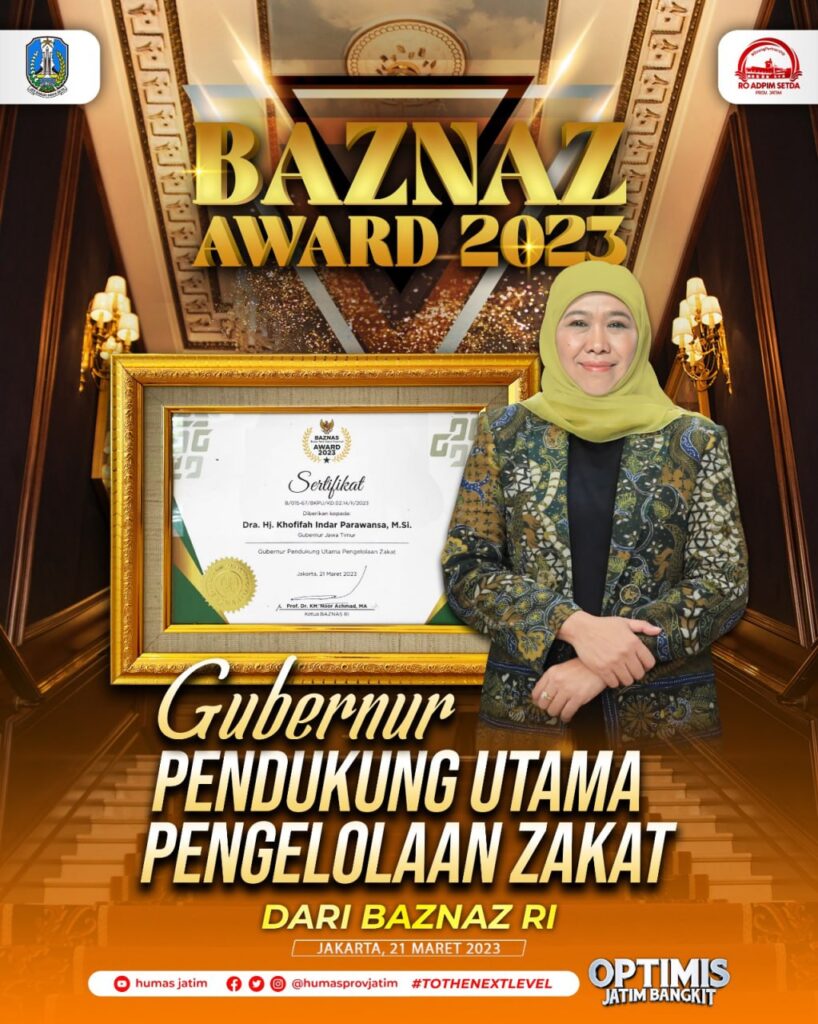 Optimalkan Pengelolaan Zakat Secara Produktif di Banyak Daerah, Gubernur Khofifah Terima Penghargaan Baznas Award 2023