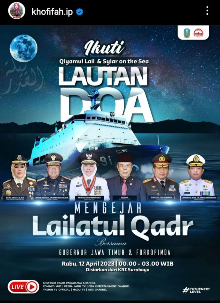Lautan Doa Malam 21 Ramadhan, Gubernur Khofifah bersama Forkopimda Jatim Qiyamul Lail dan Bermunajat Berlayar di KRI Surabaya 591