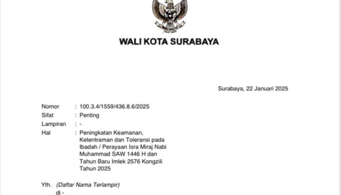 Tingkatkan Ketentraman dan Toleransi Beribadah, Pemkot Surabaya Terbitkan SE Pengamanan Isra Mikraj dan Tahun Baru Imlek